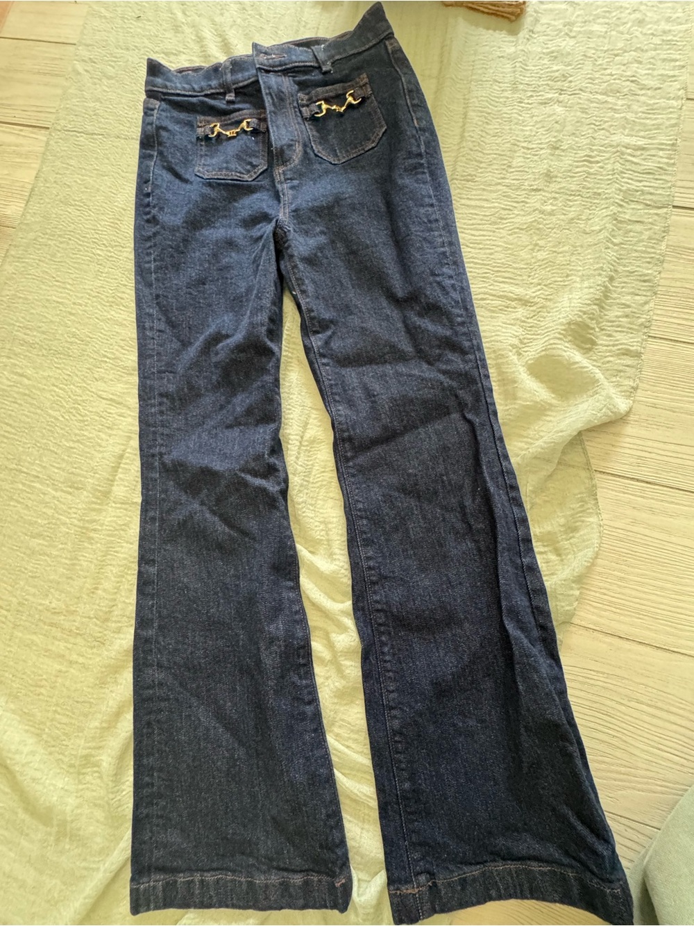 LOFT Dark Blue Wide-Leg Flare Jeans with Gold Hardware